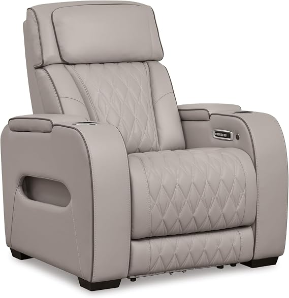 Signature Design by Ashley Boyington Zero Gravity Power Recliner, Gray | Leather match upholstery, Built-in air massage, Heated seat, Adjustable headrest, Dual cup holders, Home theater design