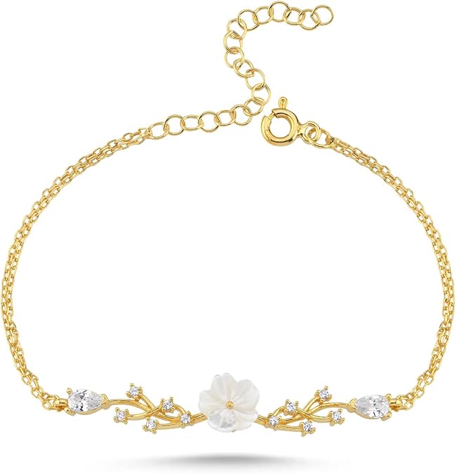 NEREZE 925 Sterling Silver Gold Plated Spring Glitter Magnolia Flower Bracelet