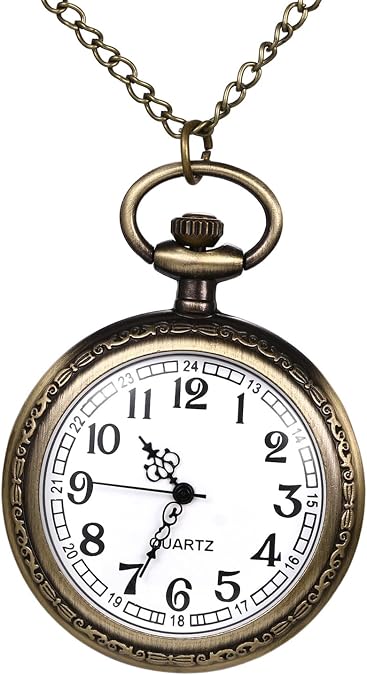 JewelryWe Men Women Pocket Watch: Classic Arabic Numeral Quartz Open Face Vintage Fob Pendant Timepiece with Chain