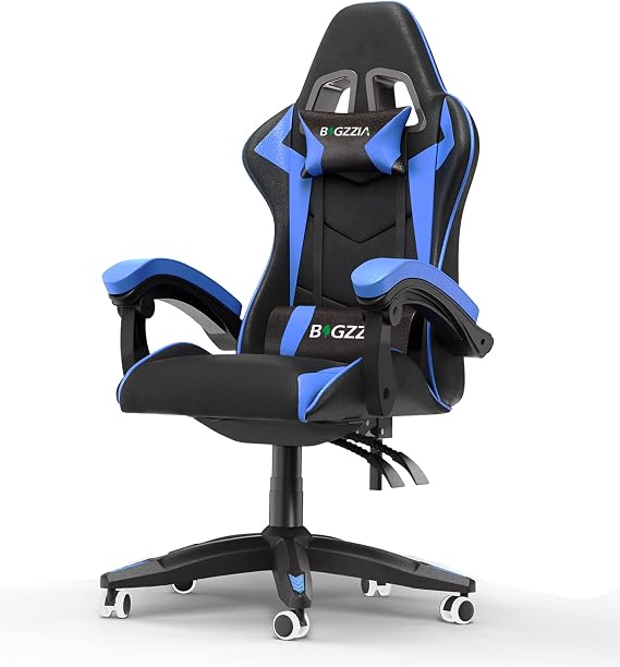 bigzzia Gaming Chair with RGB Computer Chair with Light Reclining PU Leather Video Game Chair with Headrest Adjustable Lumbar Support (Without RGB led, Black/Blue)