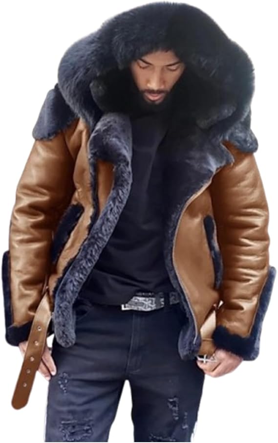 FGRID Men Fleece Lined Leather Jackets, Vintage Lapel Zip Faux Shearing Motorcycle Jacket, Winter Warm Fur PU Windproof Coat with Hood