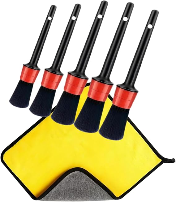 Car Cleaning Brush 6 Pcs Detailing Dust Boars Bristles Set 5 Hair Brushes and 1 Microfiber Cloth for Cleaning Interior/Exterior of Car