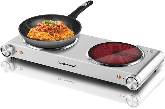 Hot Plate, Techwood Electric Stove Countertop Double Burners for Cooking Infrared Ceramic 1800W Dual Cooktops With Adjustable Temperature Control Brushed Stainless Steel Easy To Clean Upgraded Version