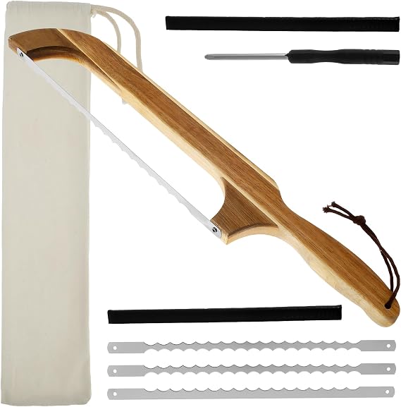 Bread Slicer, Bow Bread Knife with 3 Replacement Stainless Steel Serrated Blades, 42.5x7 cm Wooden Breads Bow Cutter with Wood Handle for Sourdough, Bagels, Baguettes 