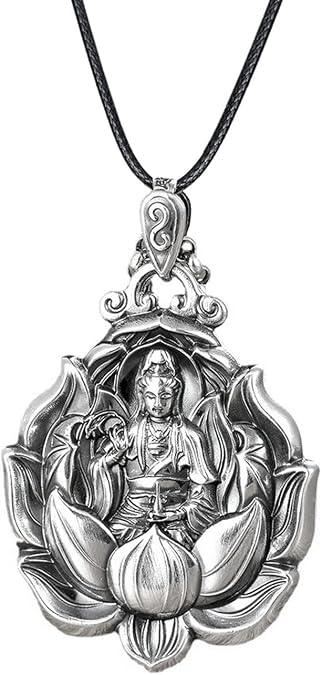 Lotus Quan Yin Goddess of Compassion Mercy Metal Pendant Necklace - Kuan Yin Guan Silver Amulet Kwan Avalokitesvara