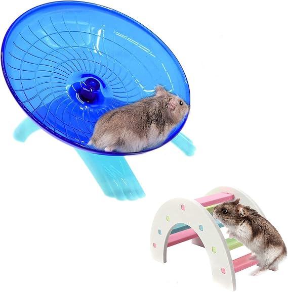 2 Pack Dwarf Hamster Flying Saucer Exercise Wheel Toy & Wood Rat Bridge Rainbow Climb-ABS Plastic Running & Jogging Silent Spinner-for Small Mouse Hedgehog Mice Cage