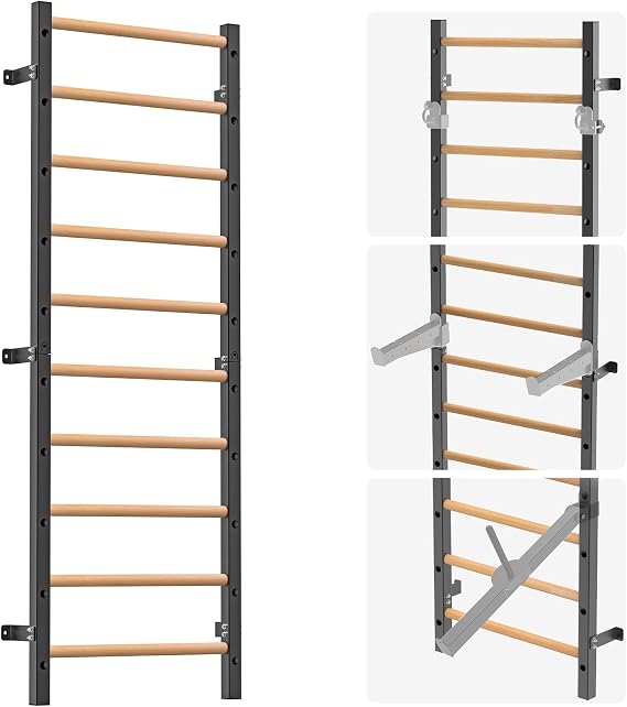 Wooden Standing Bar Swedish Ladder - Wall Bars with 10 Rungs 150 kg Load Capacity | Gymnastics Bbar with Ppull-Up Bar Gymnastics Equipment Indoor for Adults and Home, Gym, School