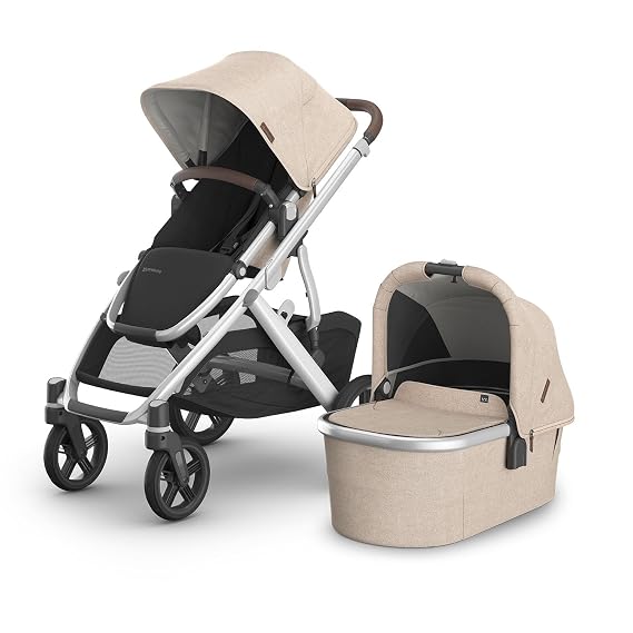 UPPAbaby Vista V3 Stroller + Bassinet V3 - Convertible Single-to-Double Stroller System- Bassinet, Toddler Seat, Bug Shield, Rain Shield Included - Declan (Oat Melange/Silver Frame/Chestnut Leather)