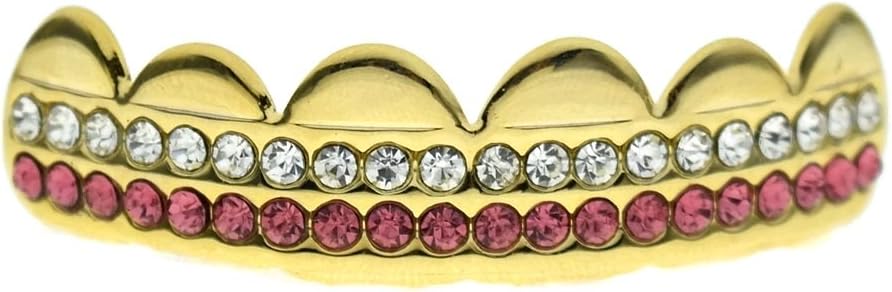 Pink Row Grillz Top Upper Teeth Gold Plated Two 2 Rows Iced Bling Hip Hop Mouth Grills