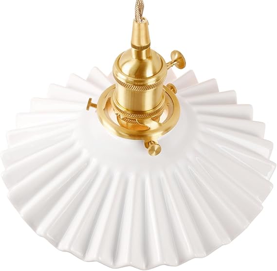 Shenmoyl Pendant Light with White Pleated Ceramic Lampshade, Brass Vintage Pendant Light Adjustable Hanging Light for Kitchen Island Dining Room Hallway 7.87 Inch Diam