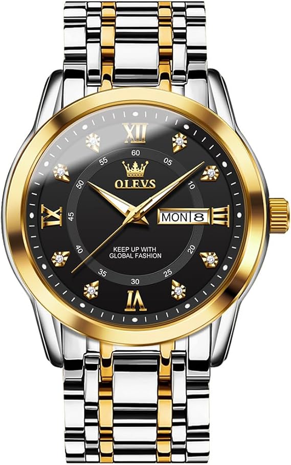 OLEVS Men's Watch Luxury Business Dress Watch UK Diamond Design Quartz Stainless Steel Waterproof Luminous Week Calendar Gift