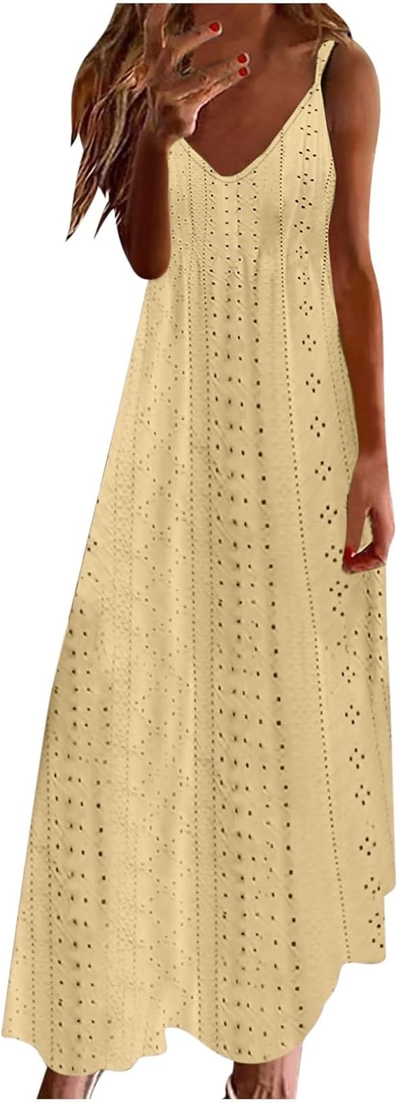Women's Summer Maxi Dress Ibiza Beach Dress Long Boho Dress A Line Summer Dress Elegant Strappy Dress Spaghetti Straps Summer Dresses Women Light and Airy Dresses with Eyelet Plain Dress Airy