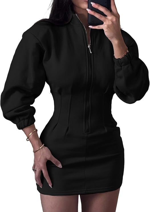 Molisry Women's Casual Sweatshirt Dress Trendy Mini Dress 2026 Fall | Zip Up Bodycon V Neck Long Sleeve