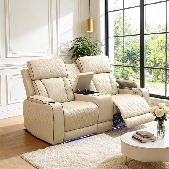 Power Leather Reclining Sofa,Recliner Sofa Sectional Couches for Living Room with Wireless Charging/Storage Console/USB Port,Reading Chair Comfort with LED Lights (Loveseat)
