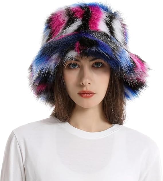 Womens Winter Faux Fur Bucket Hat Colorful Plush Furry Fisherman Cap Fuzzy Warm Snow Hat