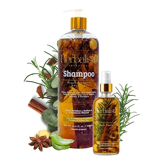 Herbalista Viral New Hair Care Bundle - Herbal Shampoo 1000ml (33 fl oz) + Hair Tonic 250ml - With Real Pieces of Rosemary, Cinnamon, Anise, Clove, Aloe, Ginger, Eucalyptus - Fortalece, Regenera.