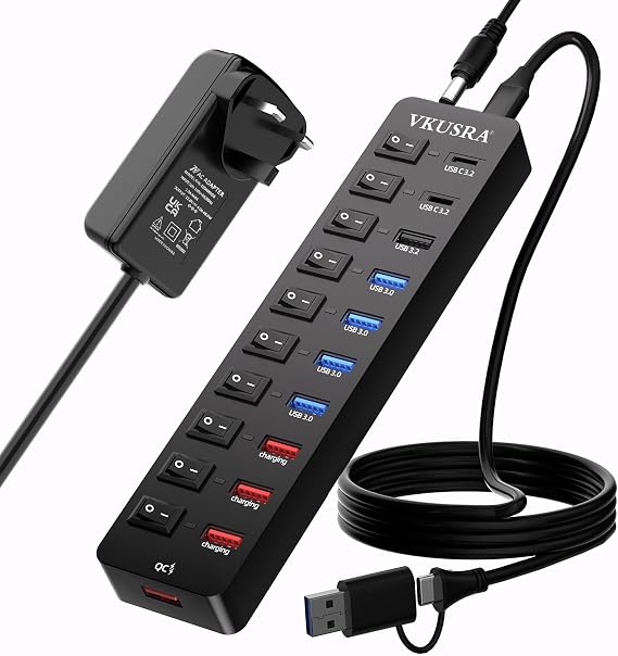 11-Port Powered USB 3.2/USB C Hub with Data and Charging Ports