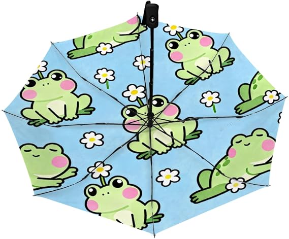 Windproof Compact Umbrellas for Rain - Frog Daisy Spring Portable Lightweight Automatic Reverse Folding Umbrellas - Auto Open Close Small Cute Umbrella for Commute, Car, Backpack, Purse
