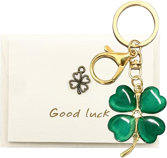 Four Leaf Clover Keychain, Exquisite Lucky Four Leaves Clover Crystal Keychain with Blessing Card, Good Luck Charms Keychain for Women