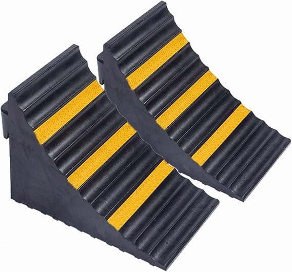 bimiti Wheel Chocks 2 Pack 25x 16x 19cm Rubber Tyre Saver Brake Stoppers Heavy Duty Car Vehicle Wedge with Handles and Yellow Strips Caravan Chock Block for Travel Trailers RV Trucks and ATV Black