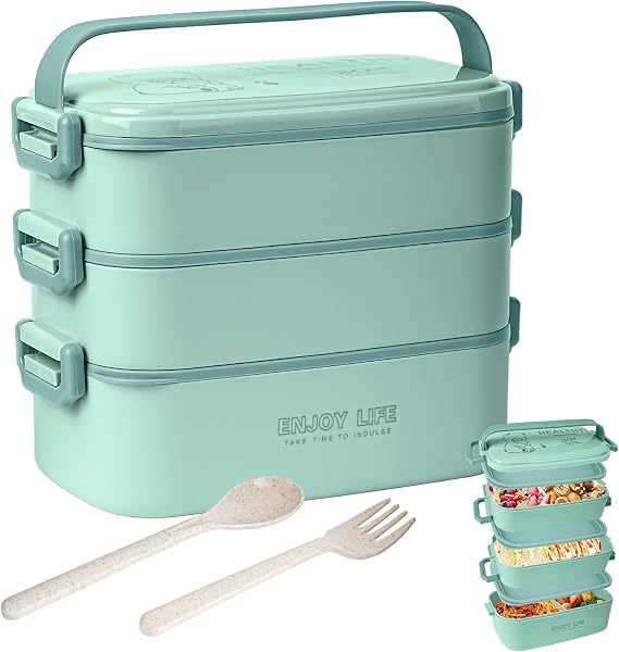 2700ml 3 Layer Bento Box with Fork & Spoon, 4-in-1 Lunch Box for Adults, Meal Prep Container Food Storage Box for Men Women Student School Office, Microwave Dishwasher Safe Available (Lake-Blue)