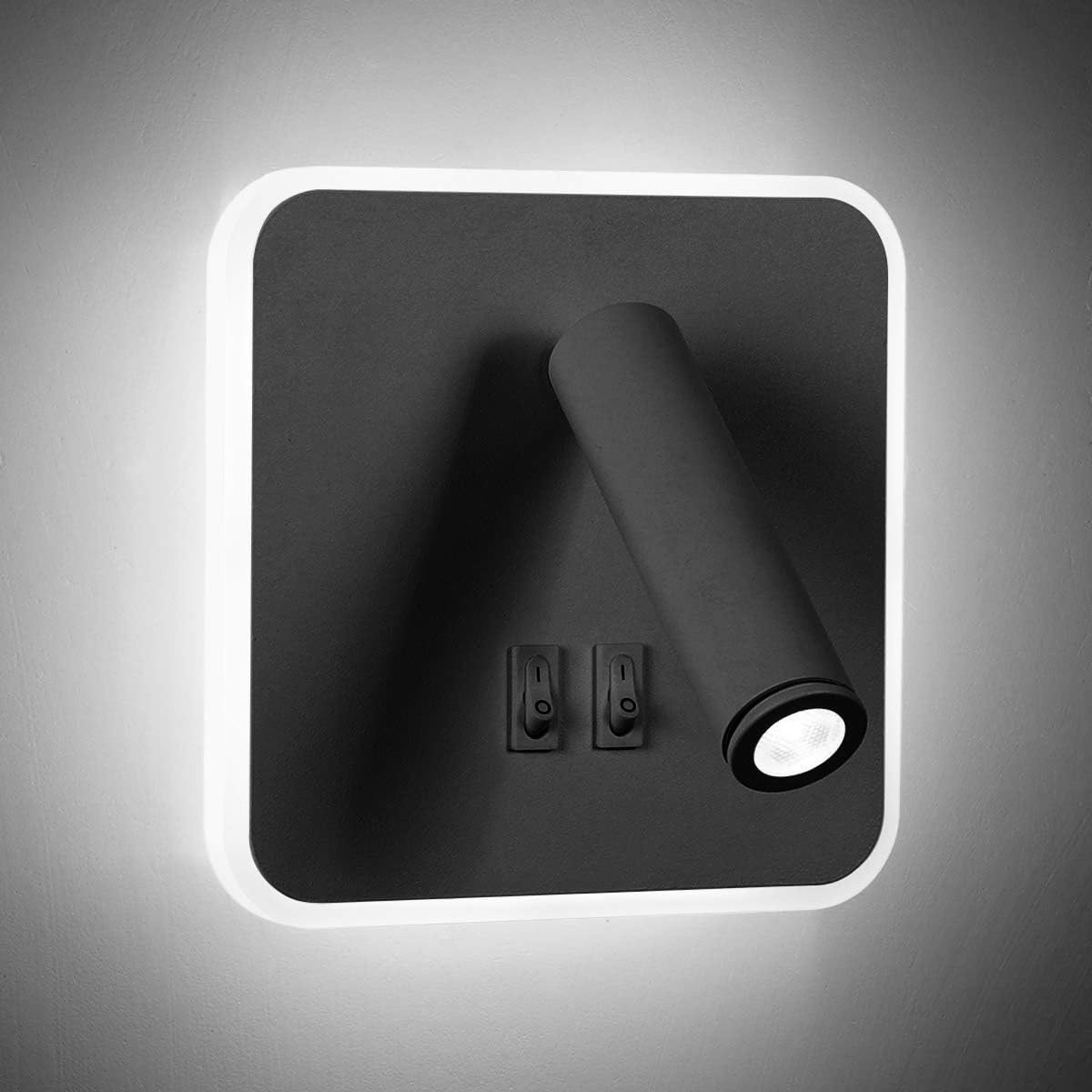 KAWELL 8W Modern Wall Light LED Reading Spotlight with Switch 350° Swivel 2 in 1 3W Wall Spotlight LED Wall Lamp for Living Room Bedroom Bedside Study Room, Black 6000K [Energy Class F]
