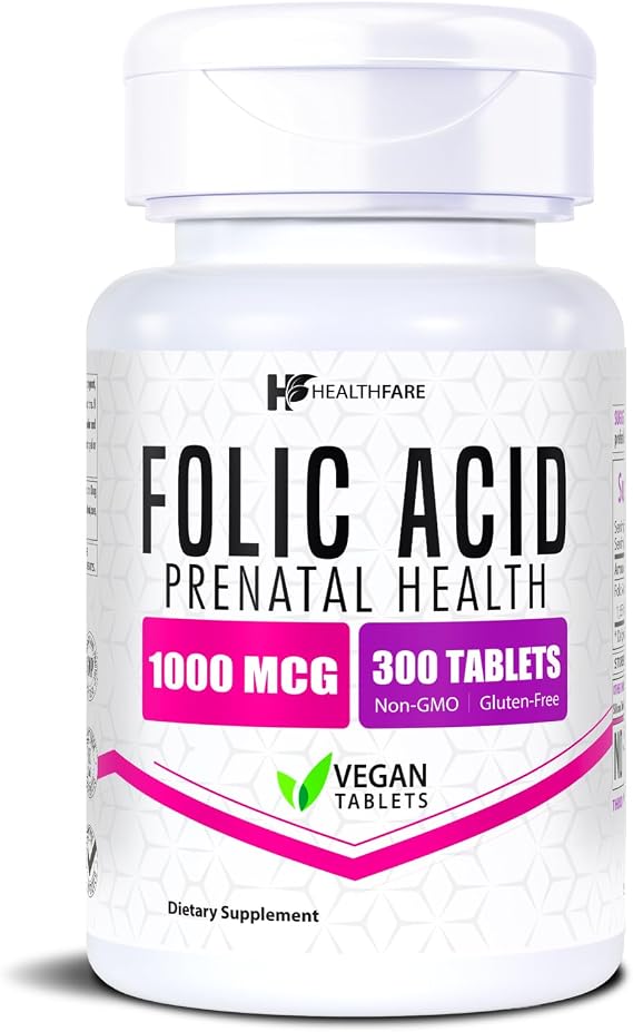 Healthfare Folic Acid 1000mcg | 300 Veg Tablets | Vitamin B9 | Gluten-Free | Non-GMO | Made in USA