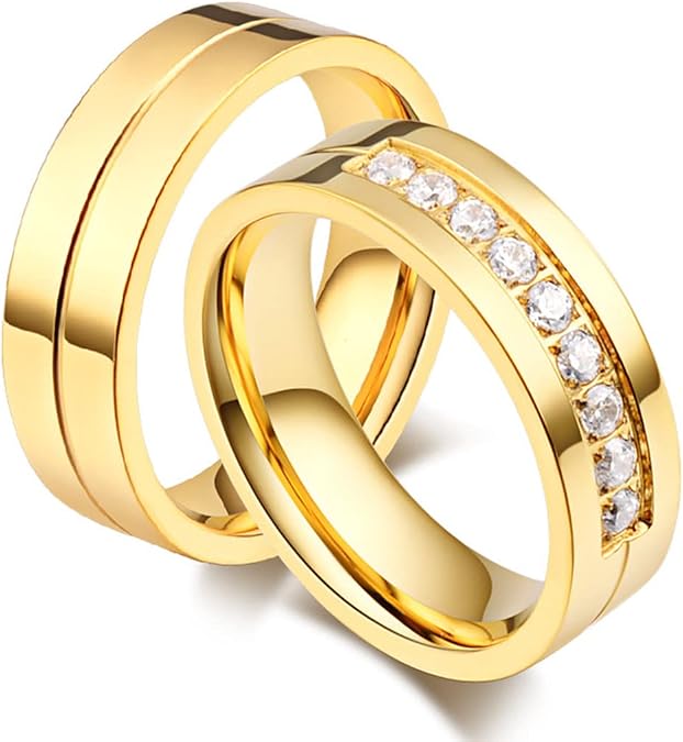 2Pcs Mens Womens wedding ring set Two Rings His Hers Matching Couples Rings Titanium Steel CZ Wedding Engagement Ring Bridal Sets Comfort Fit (Men's 10 & Women's 6, Gold)