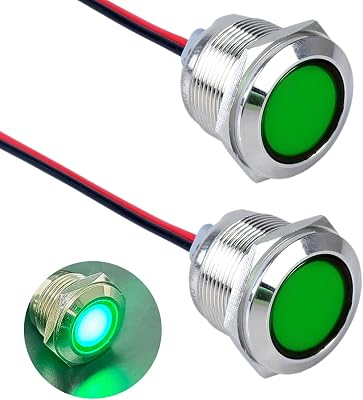 2PCS 22mm 78 LED Indicator Light, 12-24V ACDC 20mA Energy Saving Metal Waterproof IP67 Single lamp LED Pilot Lamp Flat Head with 20cm7.87in. Wire for Car Truck BoatGreen LED