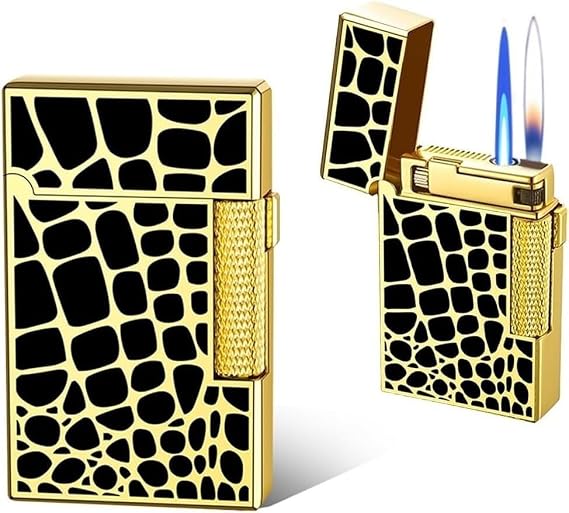 Windproof Dual Flame Lighter, Jet Flame and Soft Flame,Butane Torch Lighter,Ding Sound When Opening Lid,Refillable Adjustable Grinding Wheel Side Slip Lighter Metal Portable Lighter,gifts for Men(Gold