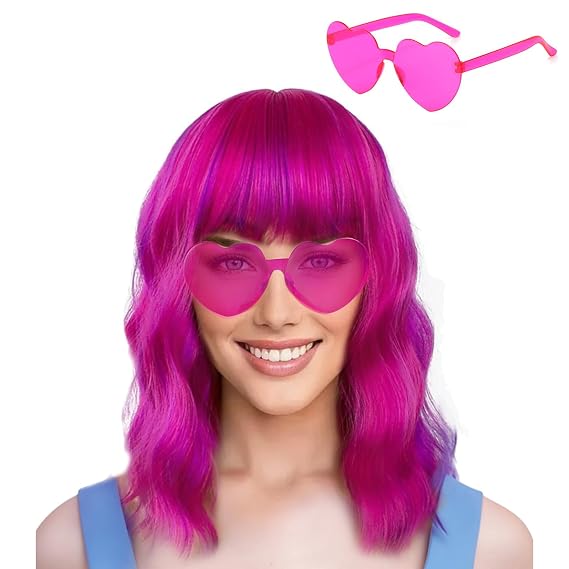 Hot Pink Wig with Glasses Women Short Wavy Purple Wig with Bang