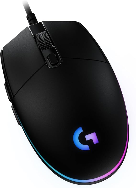 Logitech G203 gaming mouse with adjustable LIGHTSYNC RGB lighting six programmable buttons games Ruggedized sensor scanning with 8000 dpi Lightweight Black