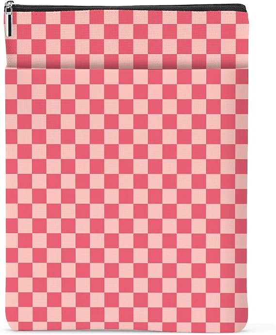 Pink Checkered Pattern Book Lovers Gifts Waterproof Book Sleeve Book Pouch Book Protector with Zipper & Front Pocket BookCover Case for Women Girl Readers Librarian Book Accessories Book Club Gifts