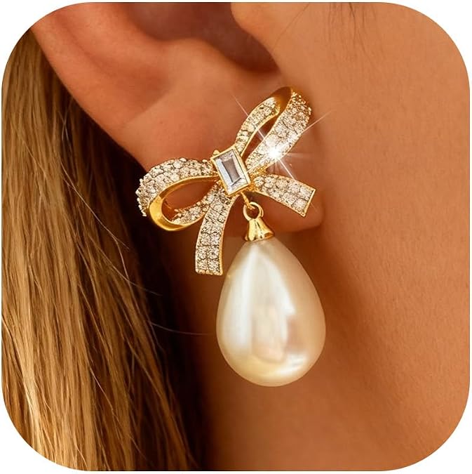 Pearl Bow Earrings Stud Gold Silver Bowknot Ribbon Drop Dangle Cubic Zirconia Rhinestone Cute Simple Dainty Statement