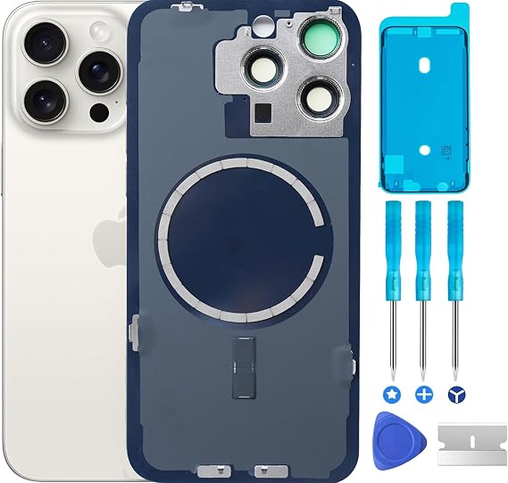 15 Pro Max Back Glass Replacement for iPhone 15 Pro Max Rear Back Cover Glass Waterproof and Camera Lens+Professional Repair Tool Kit (White Titanium, iPhone 15 Pro Max)