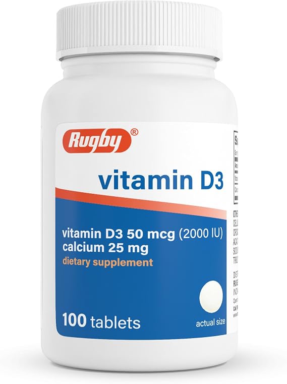 Rugby Vitamin D3 2000 IU (50 mcg) Tablets with Calcium 25 mg, 100 Count | Gluten-Free Supplements, Helps Support Calcium Absorption, for Bones, Teeth & Immunity, for Low Sun Exposure & Aging Adults