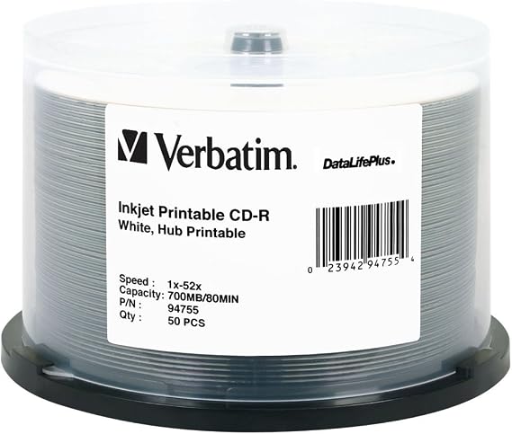 Verbatim CD-R 700MB 52X DataLifePlus White Inkjet Printable, Hub Printable - 50pk Spindle - 94755