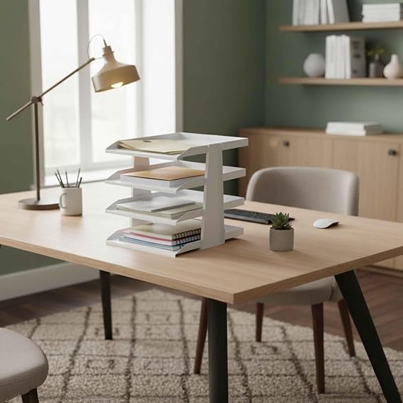 SteelLine 4 Katlı Metal Dosya Rafı - Masa Üstü Ultra Sağlam Ofis Organizer (29.5x30.5x25cm) (Beyaz)