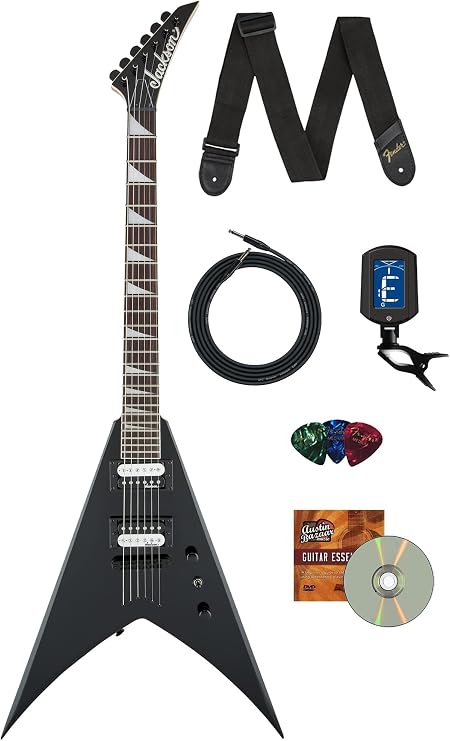 Jackson King V JS32T Electric Guitar - Gloss Black Bundle with Cable, Tuner, Strap, Picks, and Austin Bazaar Instructional DVD