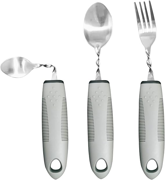 Adaptive Utensils for Elderly, Hand Tremors, Parkinsons & Handicapped | 3 Pack | Non-Slip Easy Grip Handles Right Handed Curved Spoon and Fork Set | Lightweight | Stainless Steel | Eat Independently