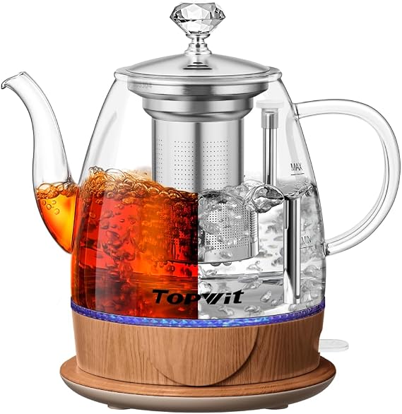 Topwit 1L Glass Electric Kettle, Gooseneck Electric Tea Kettle, BPA-free | removable stainless steel tea infuser, auto-shut off, boil-dry protection, dual-purpose for hot water, tea & coffee, wood