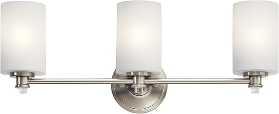 Kichler Joelson 24" 3-Light Vanity Light in Brushed Nickel, 45923NI | Bathroom vanity lights for ambient glow, bathroom lights, satin etched cased opal and clear glass accent glass
