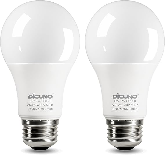DiCUNO E27 Screw LED Bulb 9W, Warm White 2700K, 60 Watts Halogen Equivalent, Large Screw in Light Bulb, 806LM, Non-Dimmable, ES High CRI 90 Lightbulbs for Lamp, 2 Pcs [Energy Class F]