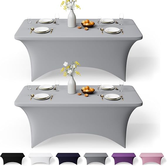 GFCC 6FT Spandex Table Covers 2 Pack, Grey Fitted Table Cloth