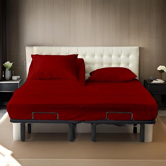 Shreem Linen Split Head Flex King Sheets for Adjustable Beds, 4Pcs Sheet Set, 100% Egyptian Cotton, 34" Top Split Sheets, Fits Up to 16" Deep Mattress, Burgundy Solid