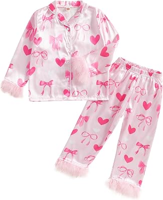 Kuriozud Toddler Kids Girl Mardi Gras Satin Silk Pajamas Little Girl Feather Trim Sleeve Carnival Pajama Set Nightgown Pjs