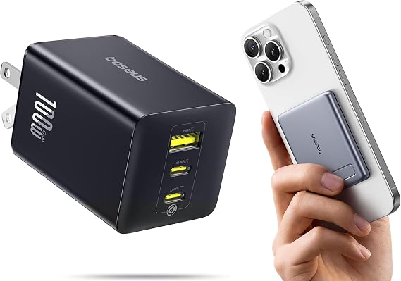 Baseus 100W USB C Charger Block&Smallest 5000mAh Magnetic Portable Charger with Stand