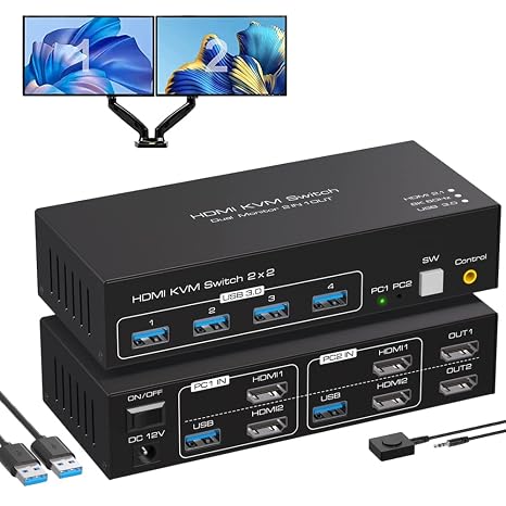 Dual Monitor HDMI KVM Switch 2 in 2 Out, 2 Port 4K@120Hz 8K@60Hz HDMI USB KVM Switcher for 2 Computers 2 Monitors with 4X USB 3.0 Ports, Support Windows, MacOS, Linux, Unix (2 Port HDMI)