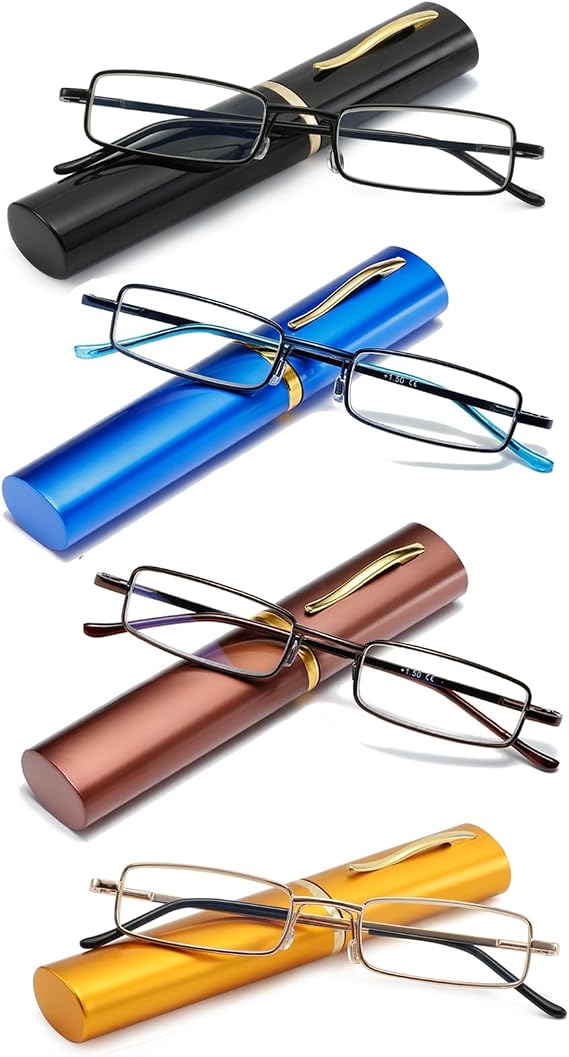 Blue Light Blocking Reading Glasses - Slim Pocket Readers with Pen Clip Case Mini Lightweight Readers