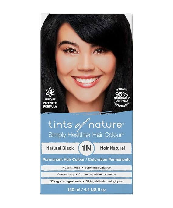Tints of Nature 1N Natural Black Permanent Hair Dye, Vegan 4.4 fl oz | Delivers rich natural black colour while nourishing from root to tip, Ammonia-free formula covers greys with lasting shine